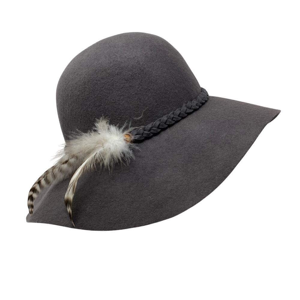 Forever 21 Wool Felt Cloche Hat Gray Feather Accent Wide Brim One Size Womens